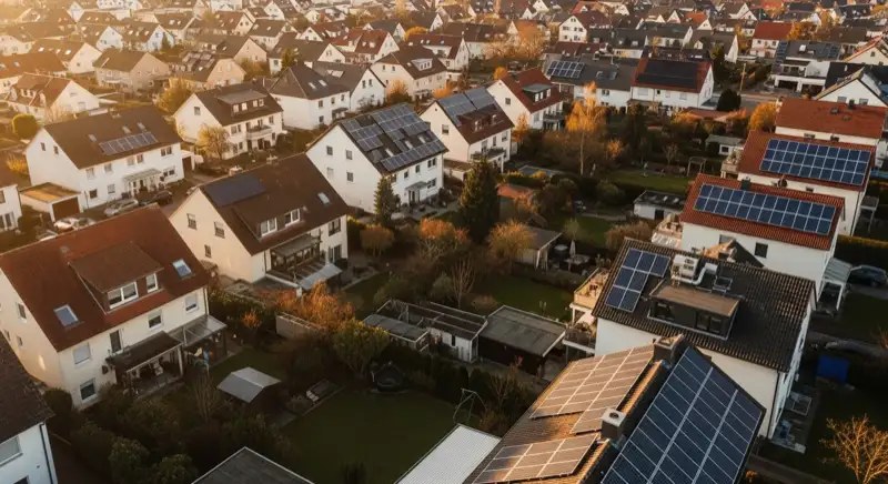 Aerial drone view of typical German residential neighborhood with mixed roof types, red and dark roof tiles, gardens visible, sunny day