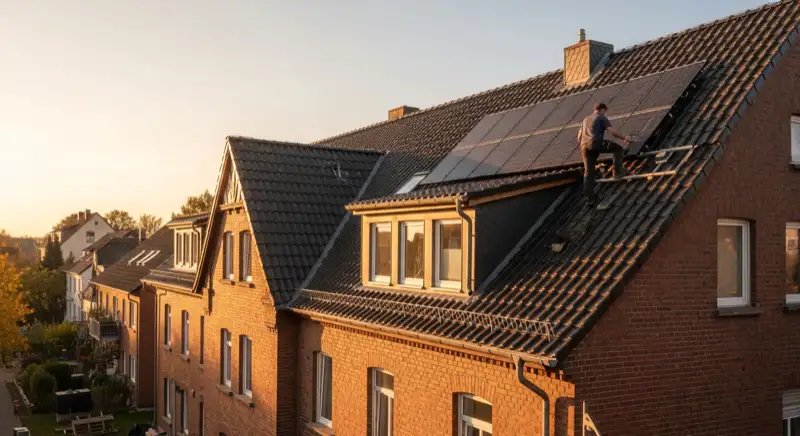 Altbau in Buchholz in der Nordheide mit sichtbaren Dachflächen und Handwerker vor Ort