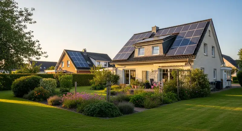 German detached house (Einfamilienhaus) with photovoltaic panels on pitched roof, well-maintained garden, warm afternoon sunlight