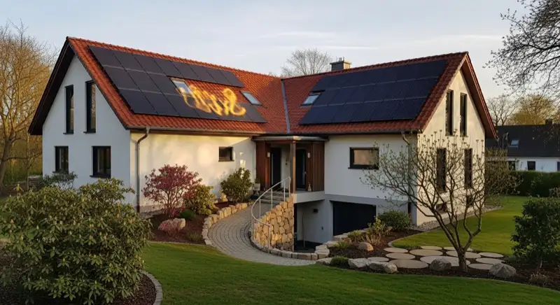 German detached house (Einfamilienhaus) with photovoltaic panels on pitched roof, well-maintained garden, warm afternoon sunlight