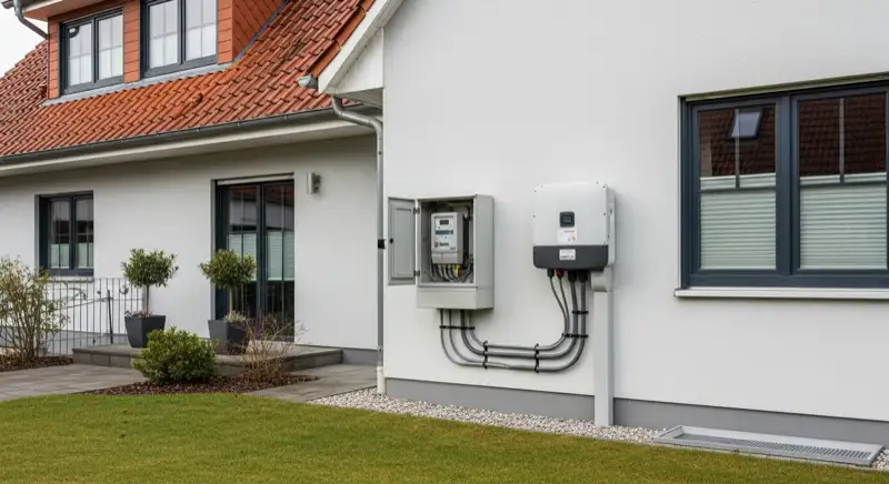 Modern German electrical meter cabinet (Zählerschrank) with smart meter and solar inverter connection, clean technical installation