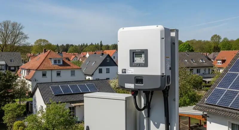 Modern German electrical meter cabinet (Zählerschrank) with smart meter and solar inverter connection, clean technical installation