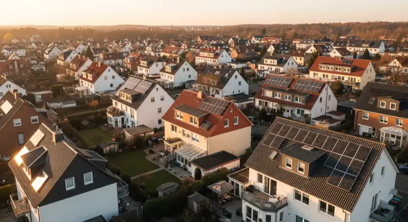 Aerial drone view of typical German residential neighborhood with mixed roof types, red and dark roof tiles, gardens visible, sunny day
