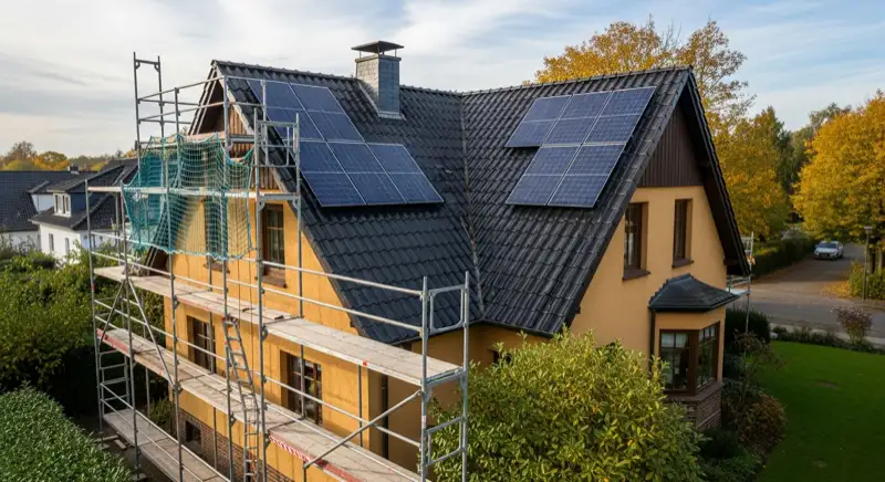 Installateur montiert Solarmodule auf Einfamilienhaus in Celle