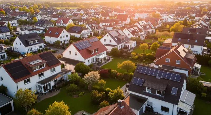 Aerial drone view of typical German residential neighborhood with mixed roof types, red and dark roof tiles, gardens visible, sunny day