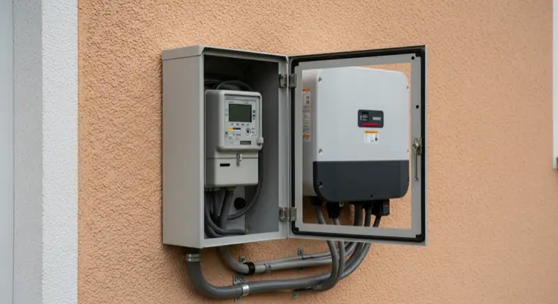 Modern German electrical meter cabinet (Zählerschrank) with smart meter and solar inverter connection, clean technical installation