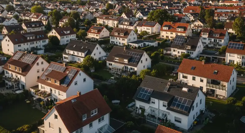 Aerial drone view of typical German residential neighborhood with mixed roof types, red and dark roof tiles, gardens visible, sunny day