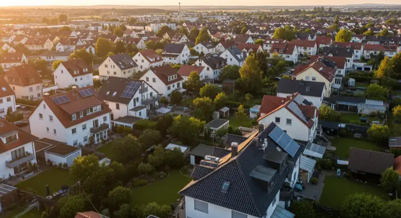 Aerial drone view of typical German residential neighborhood with mixed roof types, red and dark roof tiles, gardens visible, sunny day