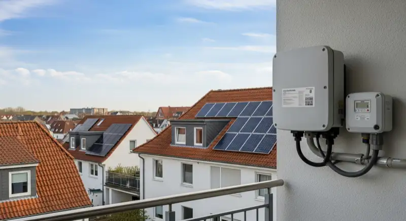 Modern German electrical meter cabinet (Zählerschrank) with smart meter and solar inverter connection, clean technical installation