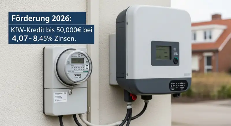 Modern German electrical meter cabinet (Zählerschrank) with smart meter and solar inverter connection, clean technical installation