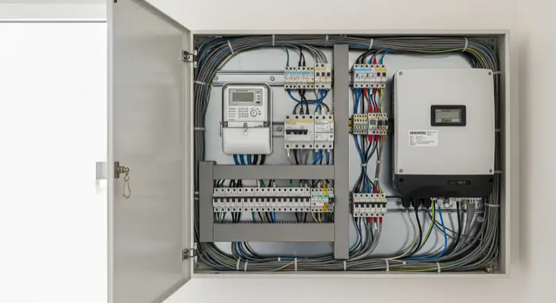 Modern German electrical meter cabinet (Zählerschrank) with smart meter and solar inverter connection, clean technical installation