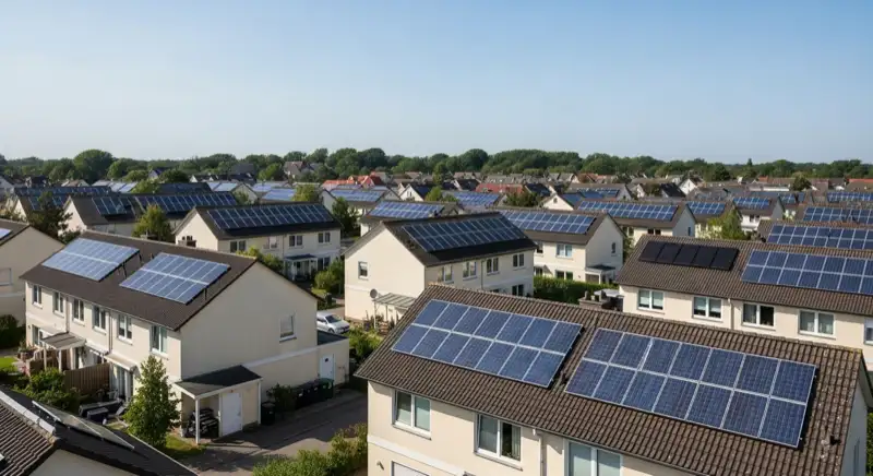 Aerial drone view of typical German residential neighborhood with mixed roof types, red and dark roof tiles, gardens visible, sunny day