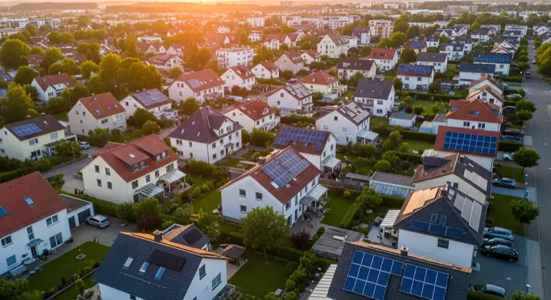 Aerial drone view of typical German residential neighborhood with mixed roof types, red and dark roof tiles, gardens visible, sunny day