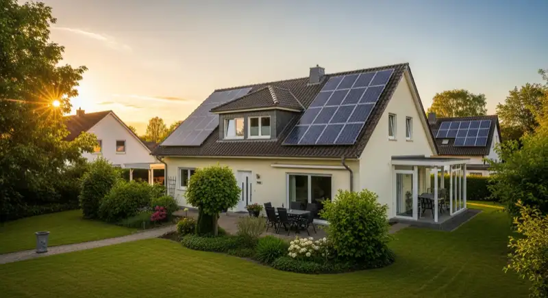 German detached house (Einfamilienhaus) with photovoltaic panels on pitched roof, well-maintained garden, warm afternoon sunlight
