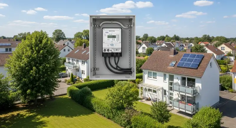 Modern German electrical meter cabinet (Zählerschrank) with smart meter and solar inverter connection, clean technical installation