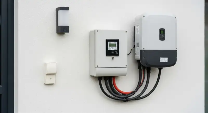 Modern German electrical meter cabinet (Zählerschrank) with smart meter and solar inverter connection, clean technical installation