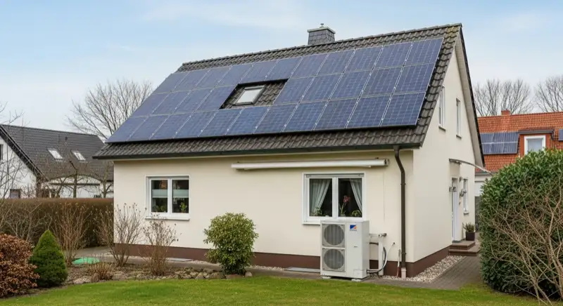 German detached house in Dessau-Roßlau with a photovoltaic roof installation, tidy residential exterior and realistic daylight, no people and no text
