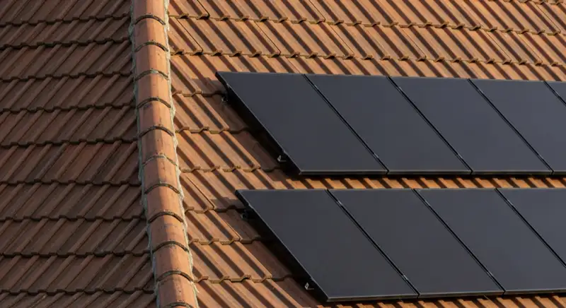 Historische Wohnhäuser mit geneigten Ziegeldächern und zurückhaltend montierten Solarmodulen in Dessau-Törten