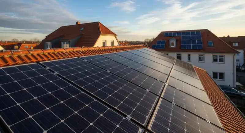 Close-up of photovoltaic solar panels installed on a traditional German Satteldach (gabled roof), blue sky with some clouds