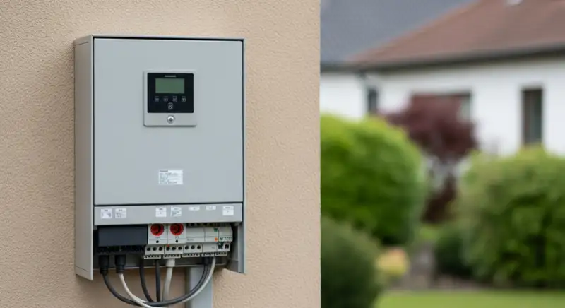 Modern German electrical meter cabinet (Zählerschrank) with smart meter and solar inverter connection, clean technical installation