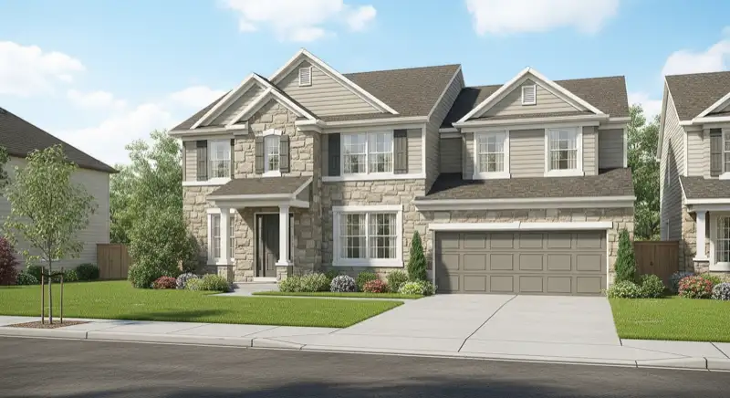 Aerial drone view of typical German residential neighborhood with mixed roof types, red and dark roof tiles, gardens visible, sunny day