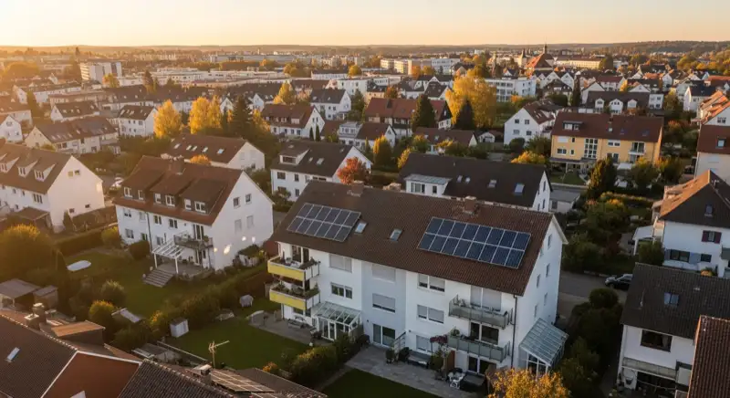 Aerial drone view of typical German residential neighborhood with mixed roof types, red and dark roof tiles, gardens visible, sunny day