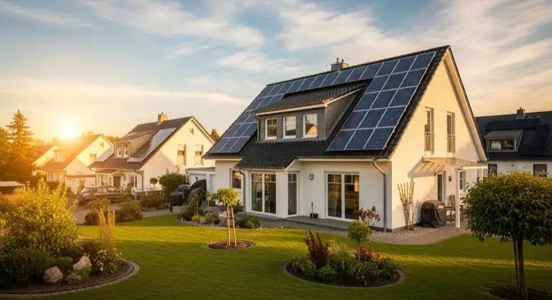 German detached house (Einfamilienhaus) with photovoltaic panels on pitched roof, well-maintained garden, warm afternoon sunlight
