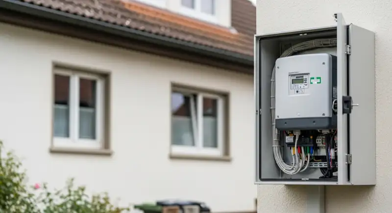 Modern German electrical meter cabinet (Zählerschrank) with smart meter and solar inverter connection, clean technical installation