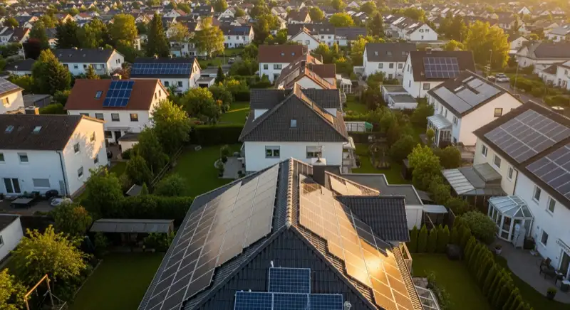 Aerial drone view of typical German residential neighborhood with mixed roof types, red and dark roof tiles, gardens visible, sunny day