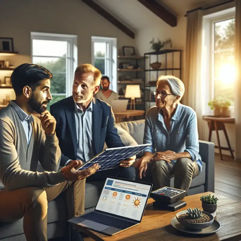 Solarberater erklärt einem Dortmunder Paar die PV-Anlage am Laptop