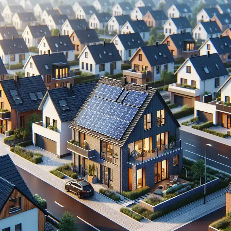 Typisches Dortmunder Einfamilienhaus mit Solaranlage, Zechensiedlung im Hintergrund