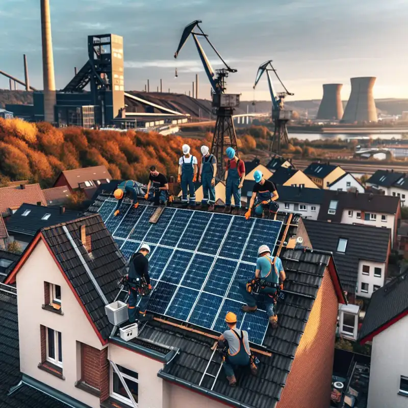 Solarmodule werden auf einem Dortmunder Hausdach installiert, Ruhrgebiet-Landschaft im Hintergrund