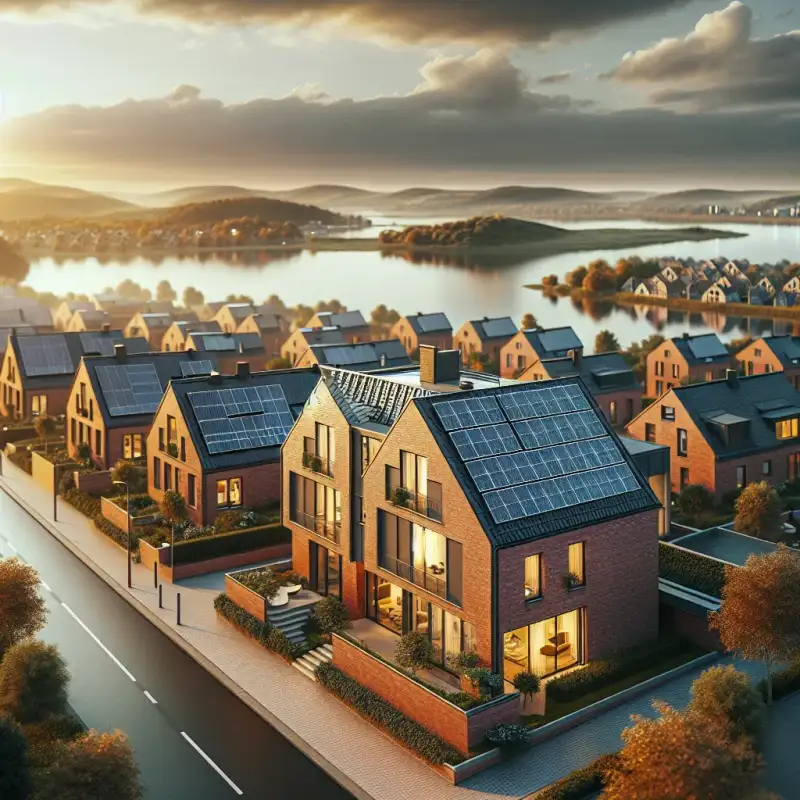 Einfamilienhaus mit Solaranlage in Dortmund, Ruhrgebiet-Architektur mit Phoenix Lake im Hintergrund