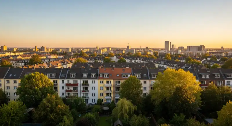 Aerial drone view of typical German residential neighborhood with mixed roof types, red and dark roof tiles, gardens visible, sunny day