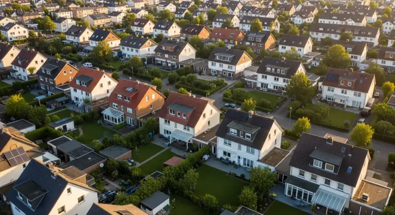 Aerial drone view of typical German residential neighborhood with mixed roof types, red and dark roof tiles, gardens visible, sunny day