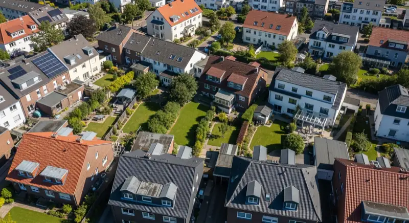 Aerial drone view of typical German residential neighborhood with mixed roof types, red and dark roof tiles, gardens visible, sunny day