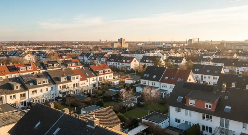 Aerial drone view of typical German residential neighborhood with mixed roof types, red and dark roof tiles, gardens visible, sunny day