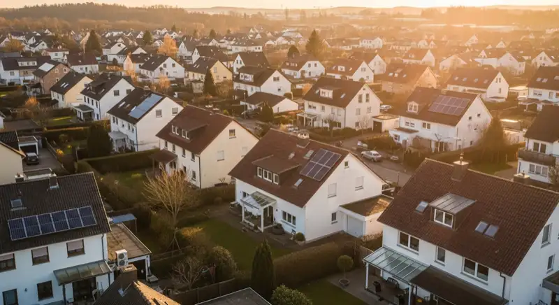 Aerial drone view of typical German residential neighborhood with mixed roof types, red and dark roof tiles, gardens visible, sunny day