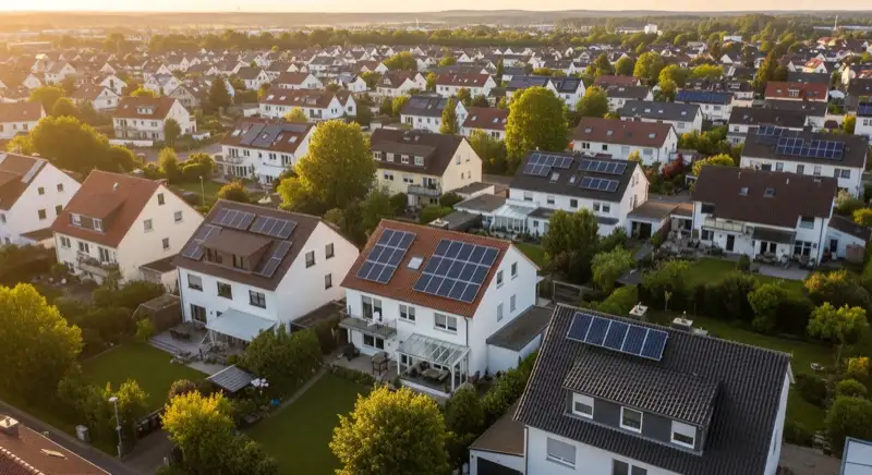 Aerial drone view of typical German residential neighborhood with mixed roof types, red and dark roof tiles, gardens visible, sunny day
