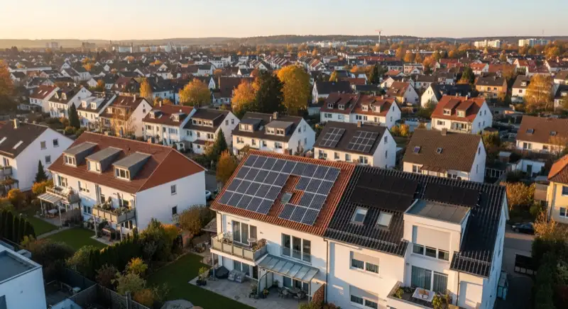 Aerial drone view of typical German residential neighborhood with mixed roof types, red and dark roof tiles, gardens visible, sunny day