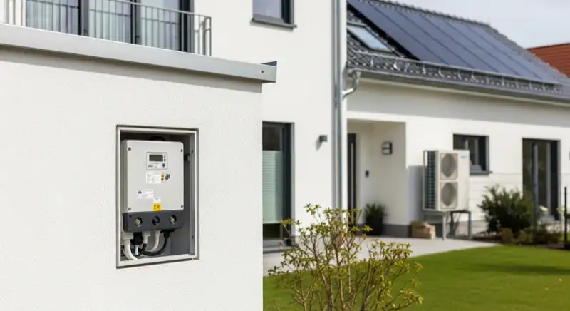 Modern German electrical meter cabinet (Zählerschrank) with smart meter and solar inverter connection, clean technical installation