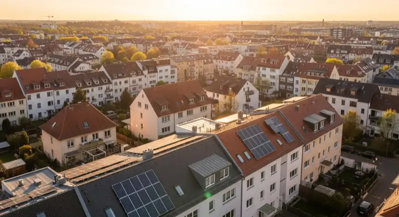 Aerial drone view of typical German residential neighborhood with mixed roof types, red and dark roof tiles, gardens visible, sunny day