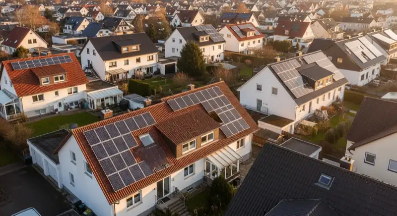 Aerial drone view of typical German residential neighborhood with mixed roof types, red and dark roof tiles, gardens visible, sunny day
