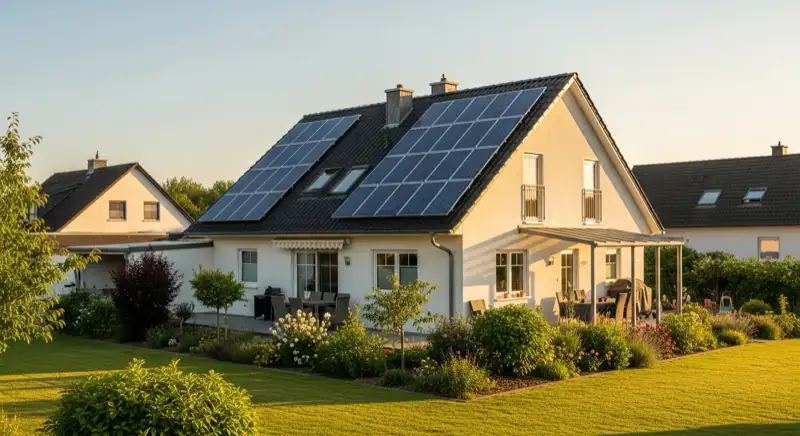 German detached house (Einfamilienhaus) with photovoltaic panels on pitched roof, well-maintained garden, warm afternoon sunlight