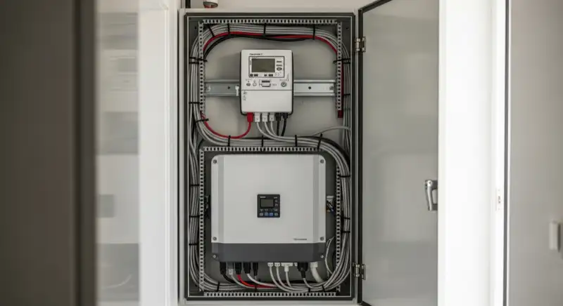 Modern German electrical meter cabinet (Zählerschrank) with smart meter and solar inverter connection, clean technical installation