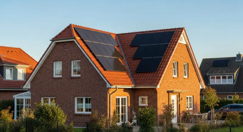 Moderne PV-Anlage auf typischem Münsterländer Backsteinhaus in Dülmen mit charakteristischen roten Ziegeln