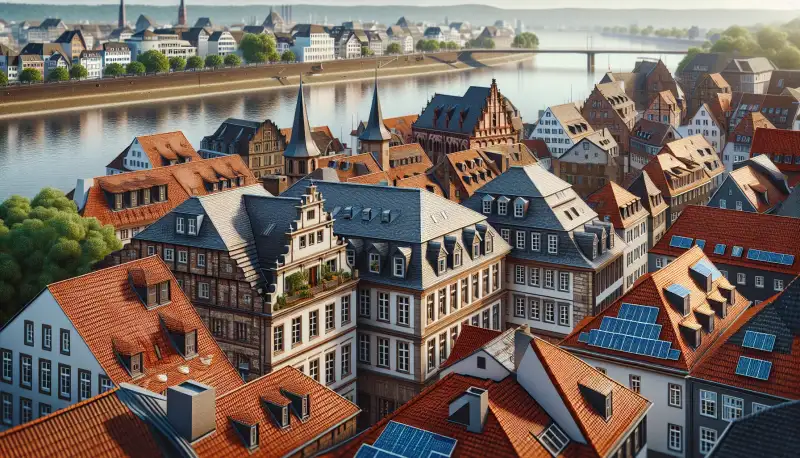 Düsseldorfer Altstadt mit historischen Dächern und PV-Potential
