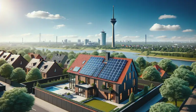 Moderne PV-Anlage auf Düsseldorfer Eigenheim mit Rheinturm im Hintergrund