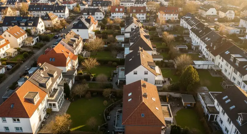 Aerial drone view of typical German residential neighborhood with mixed roof types, red and dark roof tiles, gardens visible, sunny day