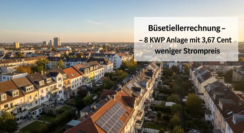 Aerial drone view of typical German residential neighborhood with mixed roof types, red and dark roof tiles, gardens visible, sunny day